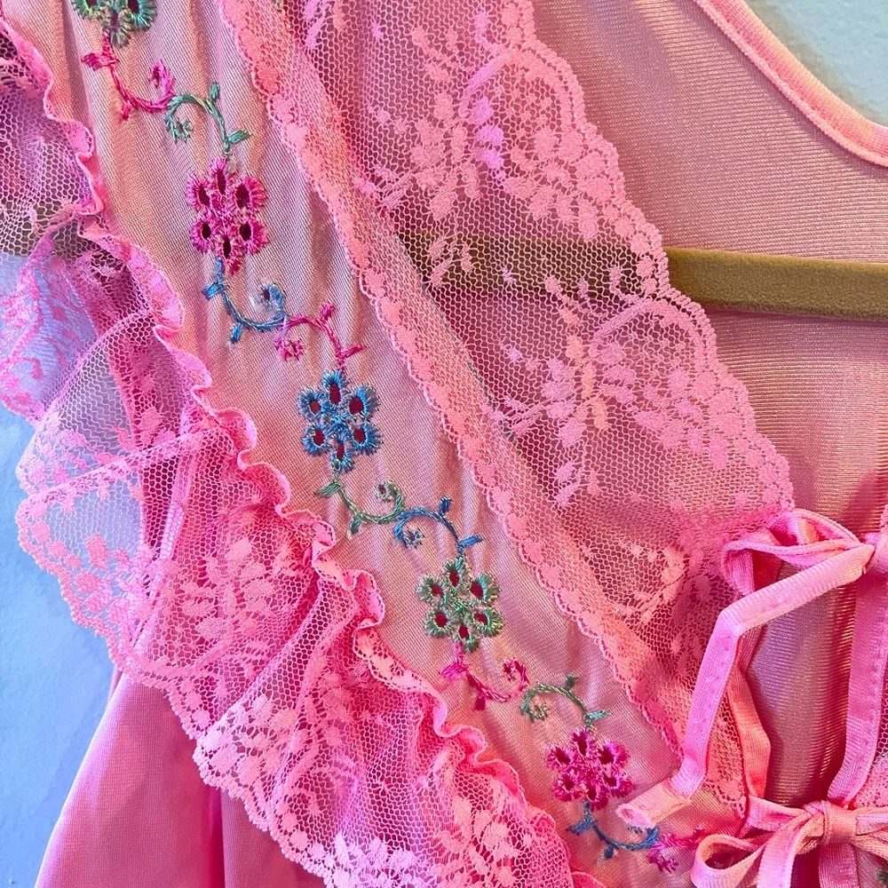 Beautiful Vintage Vivid Coral Nylon and Lace Nightgown by Bernette.  Size = M